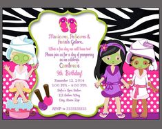 Please include the invitation details: Name, age, date, time, address, RSVP and add'l details for personalization.  Thank  you Salon Birthday Party, Spa Birthday Invitations, Pedicure Party, Spa Birthday Party Invitations, Slumber Party Invitations, Salon Party, Prince Baby Shower Invitations, Party Make-up, Girls Party Invitations