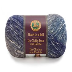 a ball of yarn that is blue and gray with white stripes on the top, in front of a white background