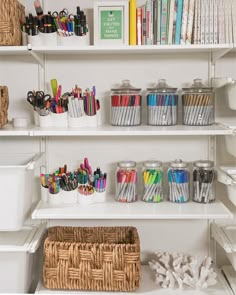 the shelves are filled with many different types of pens and pencils