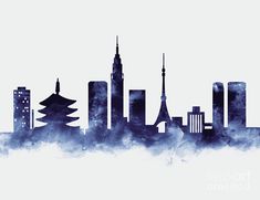 a city skyline is shown in blue and white