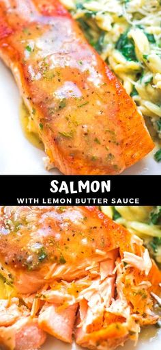 salmon with lemon butter sauce and spinach noodles on a white plate next to the same image