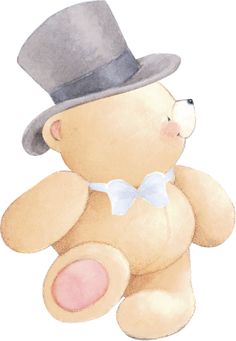 a watercolor painting of a teddy bear wearing a top hat