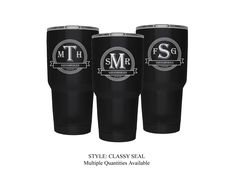 three black tumblers with the words style class seal and multiple quantities available for purchase