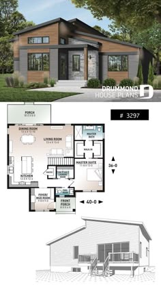 the floor plan for this modern house is shown in two separate sections, with an attached garage