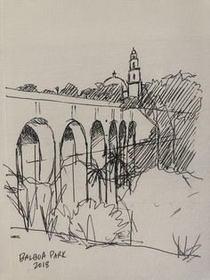 a drawing of a bridge with trees and buildings in the background