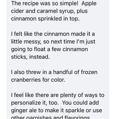 an apple cider and cinnamon sprinkled in top text reads, the recipe was so simple apple cider and caramel syrup plus cinnamon sprinked in top