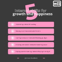 an info sheet with the text 5 international shifts for growth and happiness in pink on black