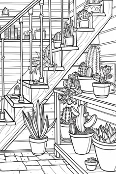 a black and white image of plants in pots on the steps to an indoor planter