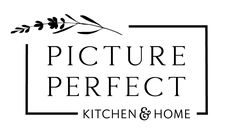 the logo for pictures perfect kitchen and home, which is featured in black and white