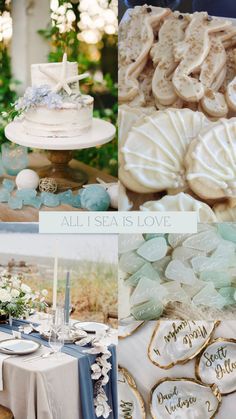 all i sea is love collage with cookies and desserts in blue and white