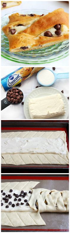 three different views of bread with white frosting and chocolate chips on top, along with other baking items