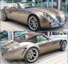 two pictures of a silver sports car in front of a building