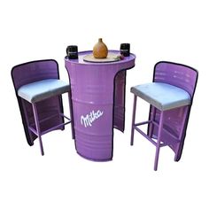 three stools and a table with a bottle on it