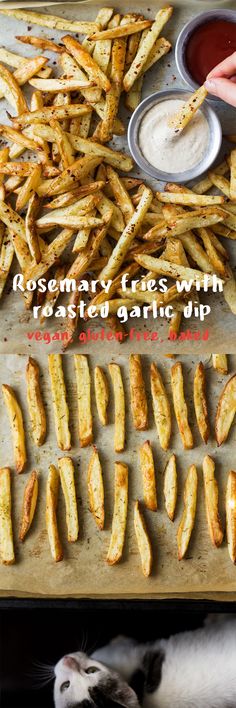 french fries on a baking sheet with dipping sauce and rosemary fries with roasted garlic dip