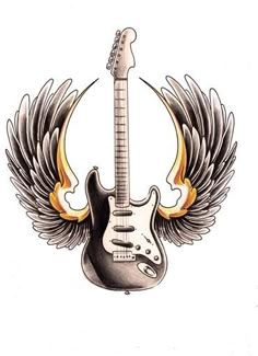 a drawing of an electric guitar with wings