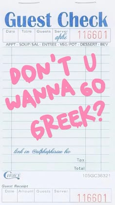 a check card with the words don't u wanna go greek?