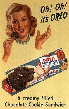 an old advertisement for oreo cookies with a woman eating it