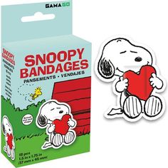 a sticker that is sitting on top of a cardboard box with snoopy bandages