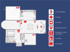 the floor plan for an apartment with fire extinguishers and first aid