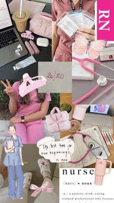 a collage of photos with pink and white items