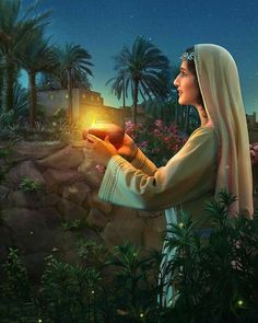 a woman holding a lit candle in her hand with palm trees and buildings in the background