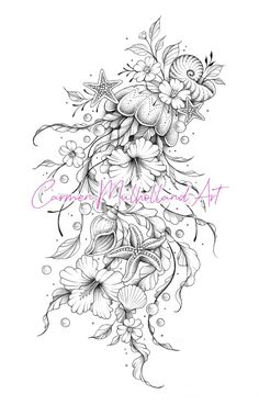 a drawing of flowers and leaves on the side of a woman's back shoulder