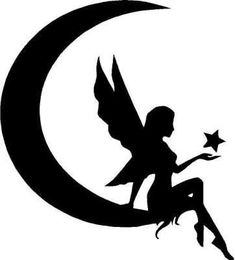 a silhouette of a fairy sitting on the moon with her hand in her pocket and holding a star