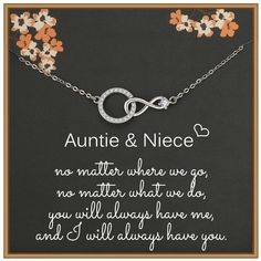 PRICES MAY VARY. Auntie niece necklace: This beautiful necklace consists of a infinity symbol and a big CZ circle. The pendant’s meaning is: the love between aunt and niece is forever. The pendant means you will be linked together forever and the love is eternity. No matter where we go, no matter what we do, you will always have me and I will always have you. Materials: This piece of necklace is made of 925 Sterling Silver. It was polished by manual, so it’s very shiny, definitely catch other’s Meaningful Infinity Jewelry Gift, Meaningful Infinity Jewelry For Anniversary, Mother's Day Anniversary Necklace With Lobster Clasp, Meaningful Silver Infinity Jewelry, Sterling Silver Infinity Jewelry For Birthday, Silver Infinity Jewelry For Birthday Gift, Infinity Necklace With Lobster Clasp As Gift, Infinity Sterling Silver Jewelry For Birthday, Sterling Silver Infinity Jewelry For Birthday Gift