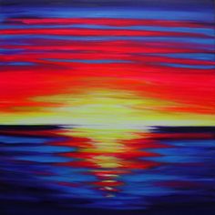 an abstract painting of the sun setting over water with red, yellow and blue colors