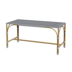 the table is made out of bamboo and has grey tile top with silver metal legs