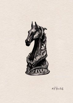 a black and white drawing of a horse's head on top of a pedestal