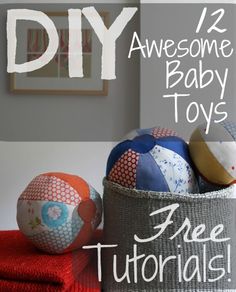 two baby toys sitting in a basket on top of a red blanket next to a wall