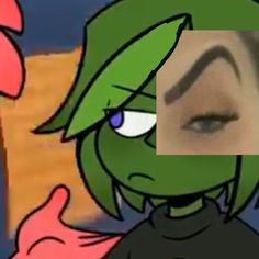 an animated image of a woman with green hair and eyebrows, holding her hand up in front of her face