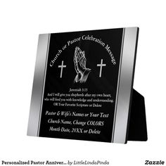 a black and silver plaque with a cross on the front that reads, church or pastor celebration message