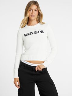 Our classic crewneck sweater. Fitted, but not too tight. Featuring 100% organic cotton and contrasting GUESS JEANS insignia across the chest. Jeans Logo, Guess Jeans, White Sweaters, Crewneck Sweater, Warm White, Crew Neck Sweater, Tights, Organic Cotton, Crew Neck