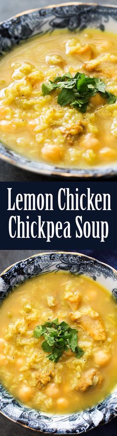 lemon chicken chickpea soup in two bowls with the title overlay above it