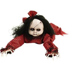 a creepy doll with black hair and red striped dress is flying through the air in front of a white background