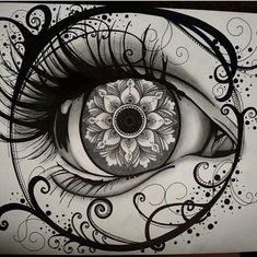 a drawing of an eye with swirls and flowers on the iris's eyes