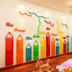 the children's room is decorated in bright colors