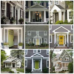 four pictures of different houses with yellow doors and green front door on each one side