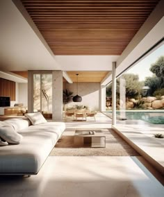 a living room filled with furniture next to a swimming pool