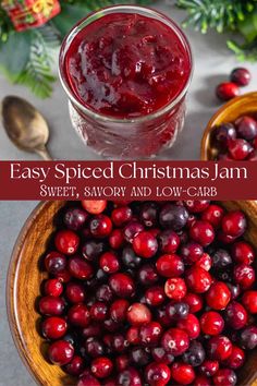 cranberry sauce in a glass jar next to a wooden bowl filled with cherries