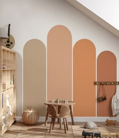 a child's room painted in different shades of peach, orange and beige with toys on the floor