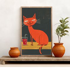 an orange cat sitting on top of a table next to two vases and a plant