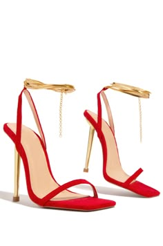 SIZE & FIT HEEL HEIGHT APPROX: 4.5" TRUE TO SIZE ALL MEASUREMENTS ARE MADE ON A SIZE 6.5 SHOE. THERE MAY BE SLIGHT MEASUREMENT VARIATIONS BASED ON SIZE. PRODUCT DETAILS AROUND THE ANKLE ADJUSTABLE CHAIN CLOSURE HERRINGBONE ANKLE CHAIN DETAILING GOLD-TONE HARDWARE GOLD-TONE HEEL OPEN SQUARED TOE LIGHTLY PADDED INSOLE RED SINGLE SOLE HEEL Gold Heels Prom, Red Strappy Heels, High Heels Classy, Tie Heels, Single Sole Heels, Block Heel Loafers, Nude High Heels, Pretty Shoes Sneakers, Miss Lola