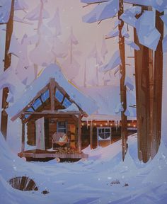 a painting of a cabin in the snow