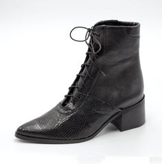 Black Lace Up Ankle Boots For Women, Black Booties with Snake Skin Leather These Amazing booties have two leather combination- one solid black and another lizard textured, in a line crossing the feet. This booties features a solid, wide and comfortable 5 cm heel. They have Front Lace for Comfort wear. This style comes in dark brown color as well. We use the finest leather and the most comfortable shoe shape. We use a manufactured durable sole so that you can enjoy the most out of these gorgeous Short Heel Boots, Pointy Boots, Black Flat Boots, Lace Up Heel Boots, Boots Outfit Ankle, Womens Booties, Boots Comfortable, Witch Fashion, Snake Leather