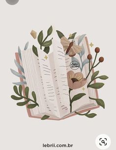 an open book with flowers and leaves on it's cover is featured in this illustration