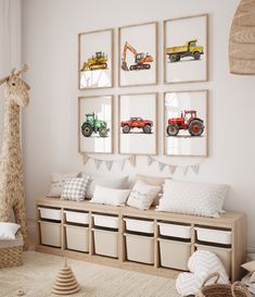 a child's room decorated in neutral colors with toys and pictures on the wall