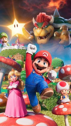 mario and luigi in front of mushroom mushrooms with the sun shining over them, as well as other super mario characters